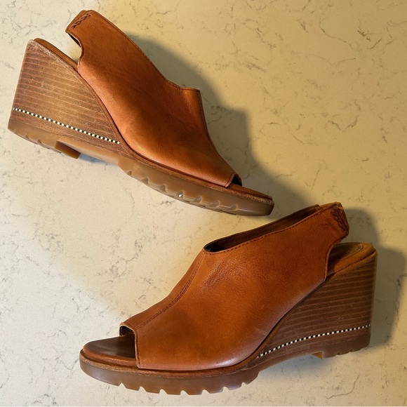 Sorel Nadia Camel Brown Leather Slingbacks Wedge Heeled Sandals - Picture 14 of 16